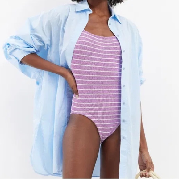 NWT Hunza G Helena Christensen Striped Crinkle Knit Swimsuit Pink One Piece New - Picture 10 of 13